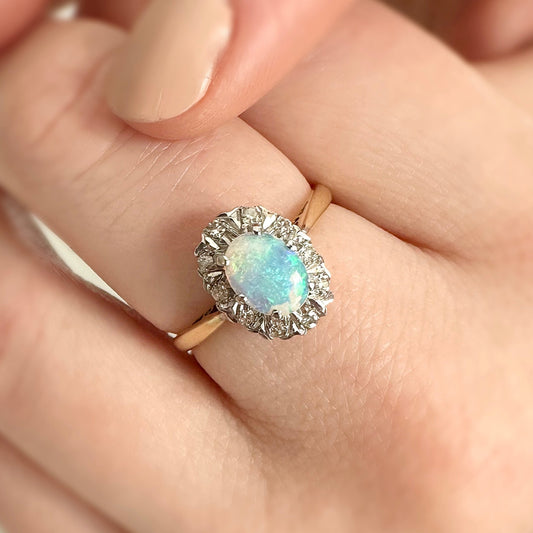 Rosalie 18ct Gold Opal and Diamond Halo Ring
