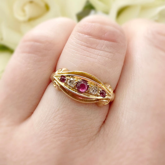 Amelia 18k Edwardian Ruby and Diamond Boat Ring