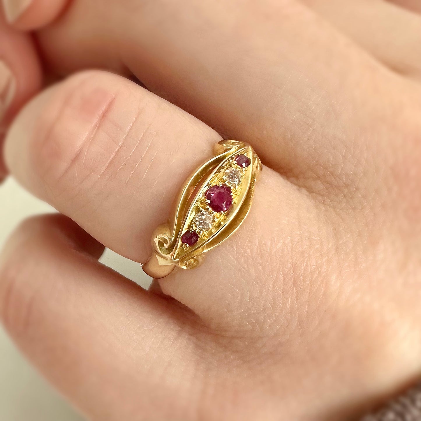 Amelia 18k Edwardian Ruby and Diamond Boat Ring