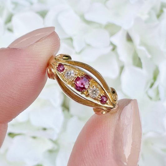 Amelia 18k Edwardian Ruby and Diamond Boat Ring