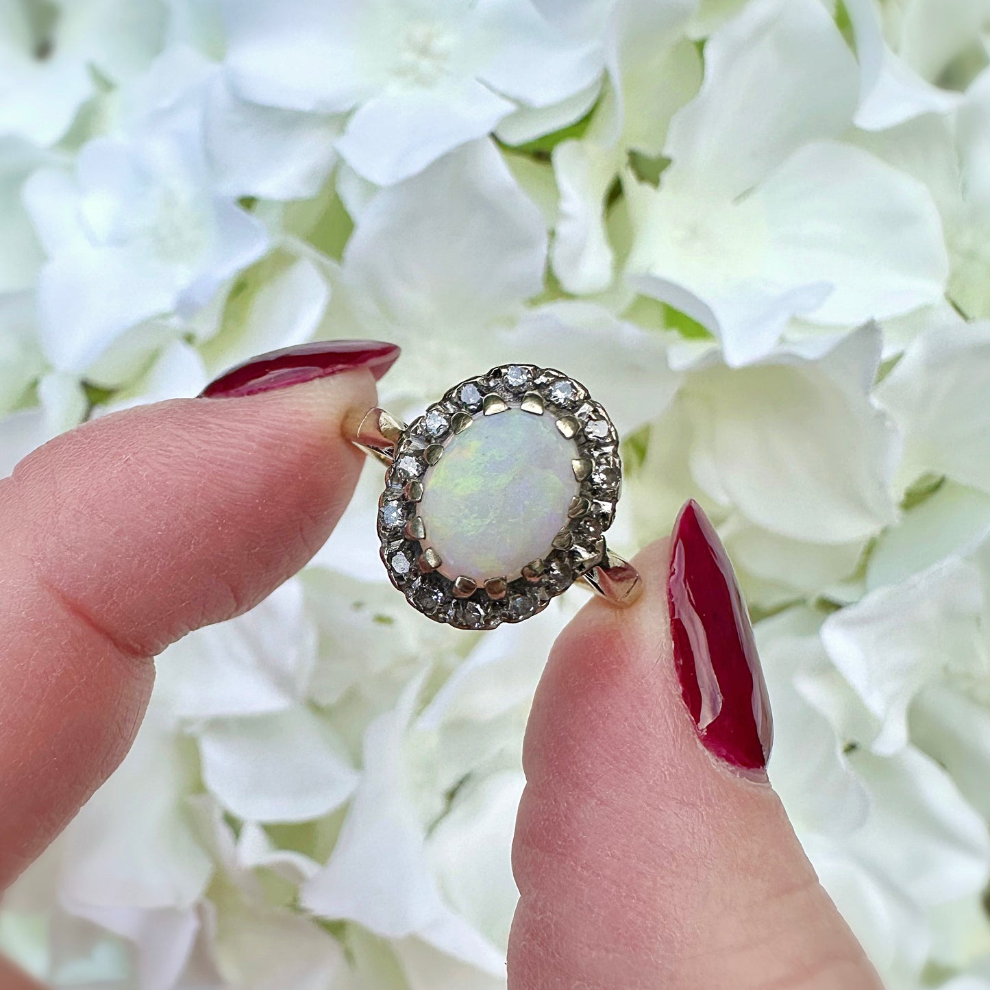 Clara 9ct Opal and Diamond Vintage Halo Ring