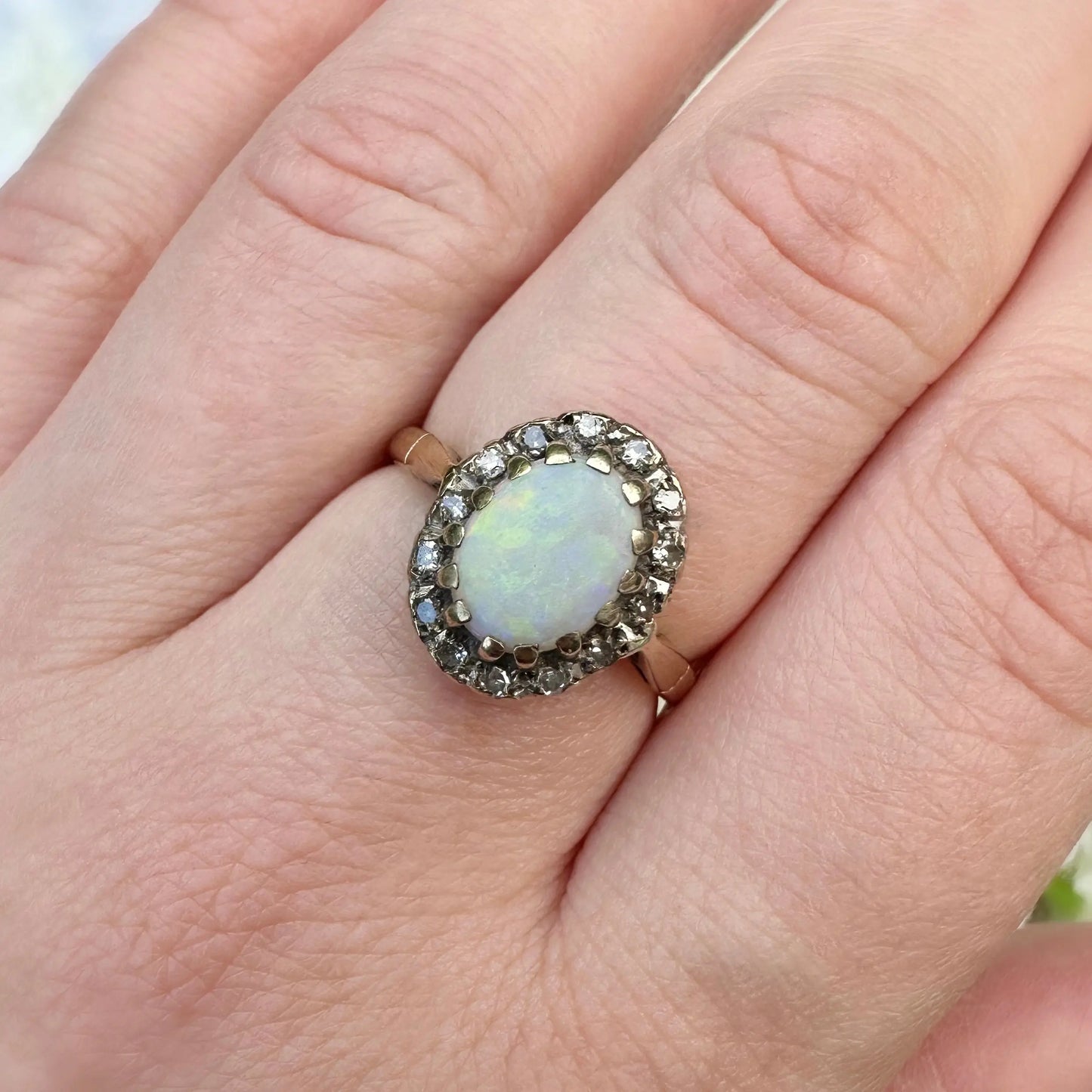 Clara 9ct Opal and Diamond Vintage Halo Ring Peach and Willow