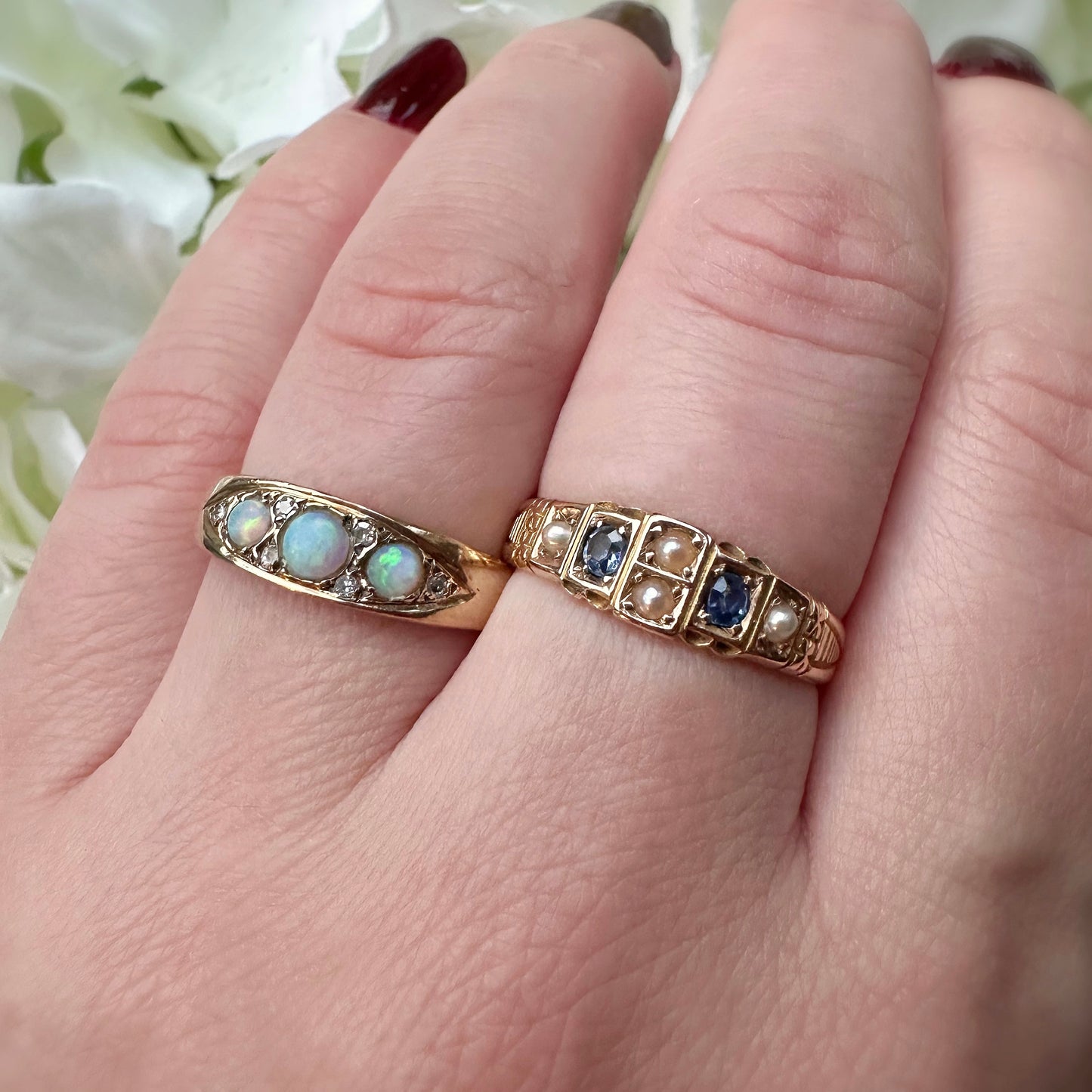 Agnes 15ct Sapphire and Pearl Edwardian Ring