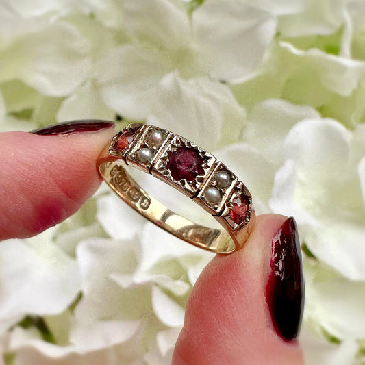 Rowena 9ct Garnet Pearl Starburst Ring Peach and Willow