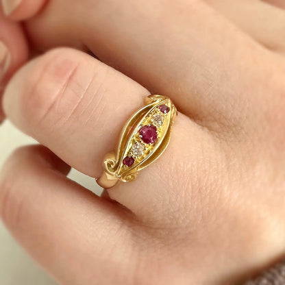 Amelia 18k Edwardian Ruby and Diamond Boat Ring Peach and Willow