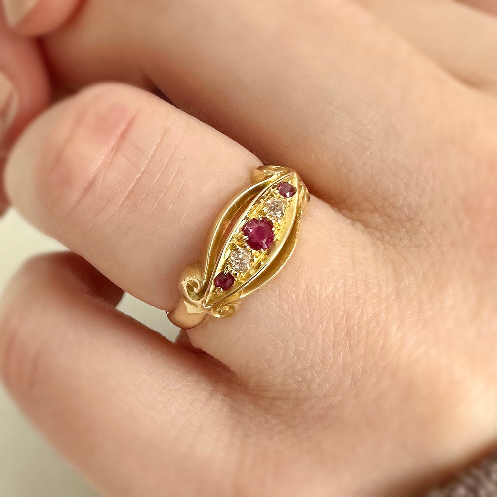 
                  
                    Load image into Gallery viewer, Amelia 18k Edwardian Ruby and Diamond Boat Ring
                  
                