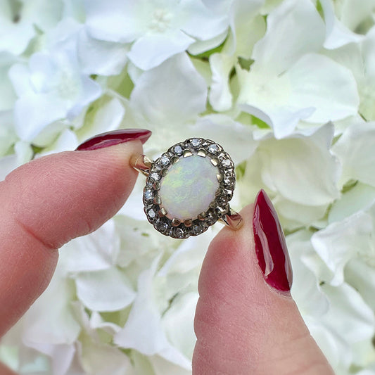 Clara 9ct Opal and Diamond Vintage Halo Ring
