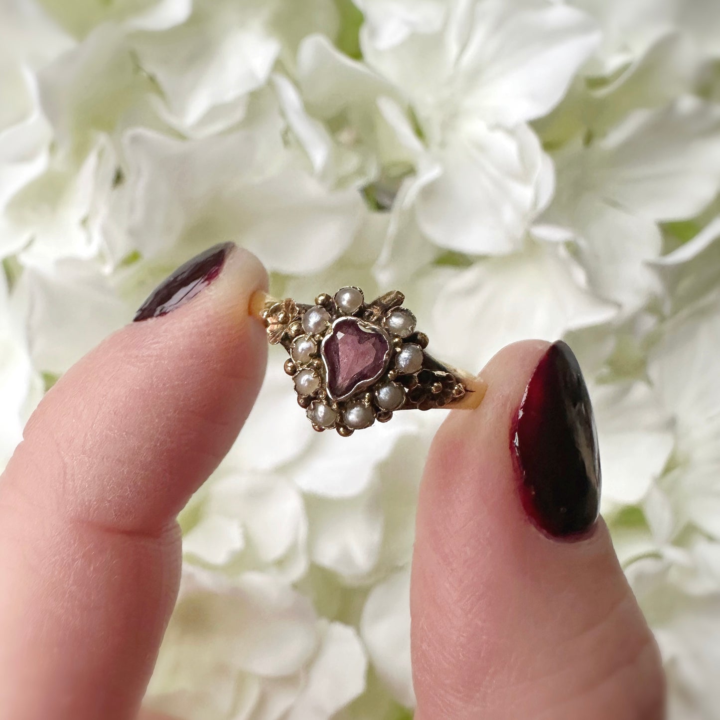 Venus Victorian Seed Pearl and Pink Garnet Ring