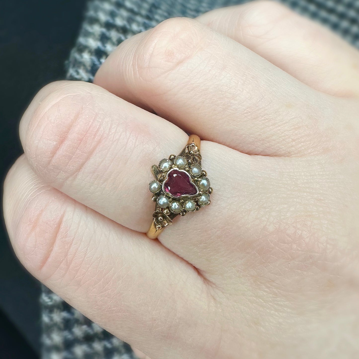 Venus Victorian Seed Pearl and Pink Garnet Ring