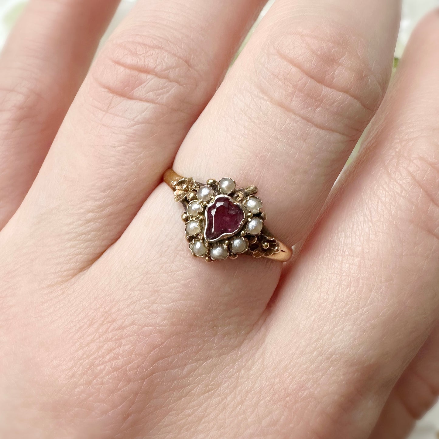 Venus Victorian Seed Pearl and Pink Garnet Ring