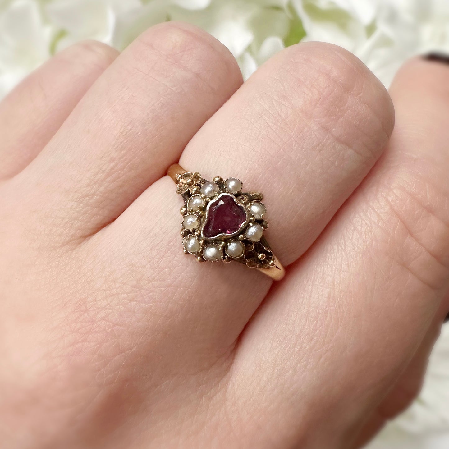 Venus Victorian Seed Pearl and Pink Garnet Ring