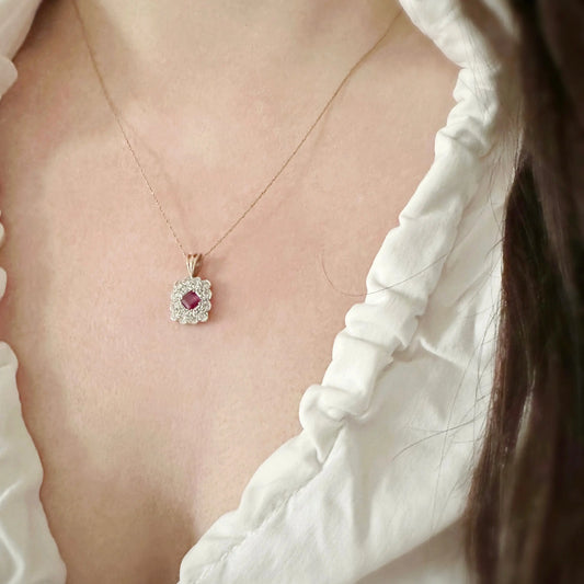 9ct gold vintage ruby and diamond pendant necklace
