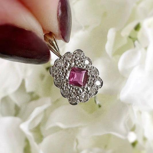9ct gold vintage ruby and diamond pendant necklace