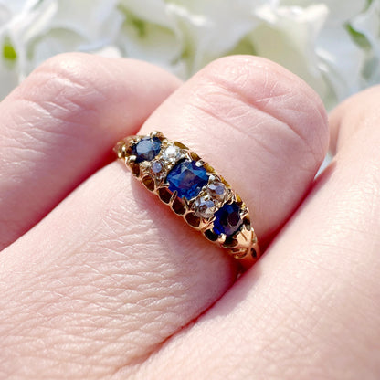 Marine 18ct Victorian Sapphire and Diamond Antique Ring