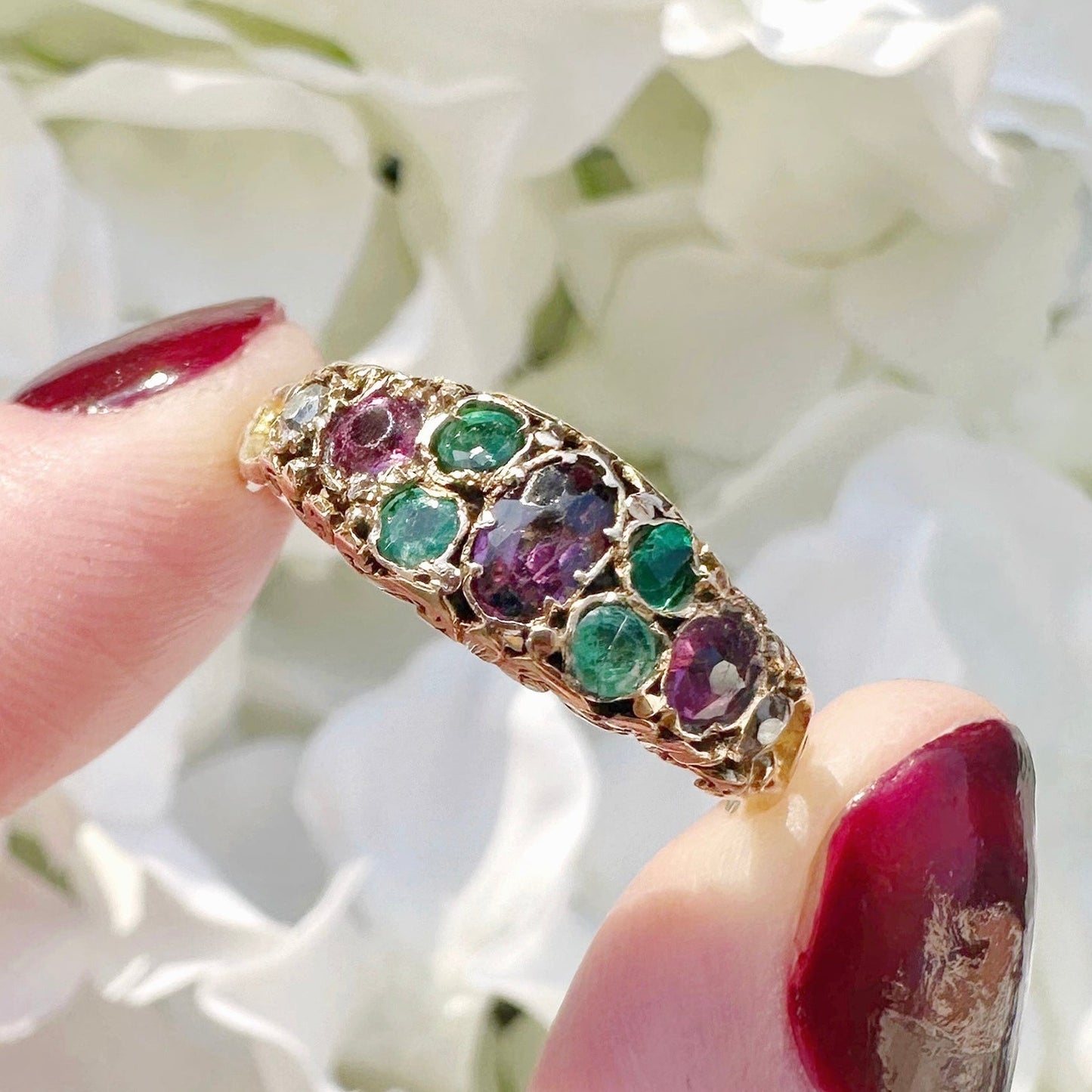 emerald diamond garnet and paste victorian antique ring 18ct 18k gold