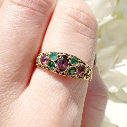 emerald diamond garnet and paste victorian antique ring 18ct 18k gold