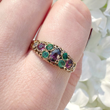 emerald diamond garnet and paste victorian antique ring 18ct 18k gold