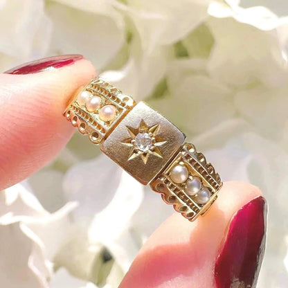 15ct gold victorian antique diamond and pearl starburst ring