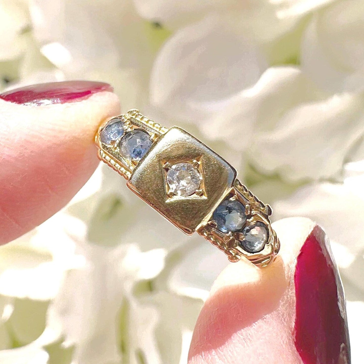 sapphire and diamond antique edwardian 18ct gold gypsy ring